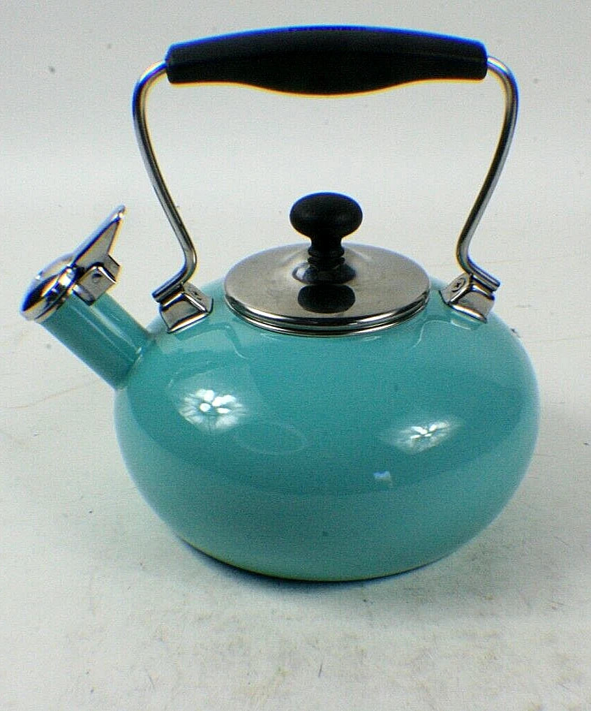 Chantal Whistling Stovetop Tea Kettle Pot 1.8 Qt.  Enamel Turquoise Aqua Blue