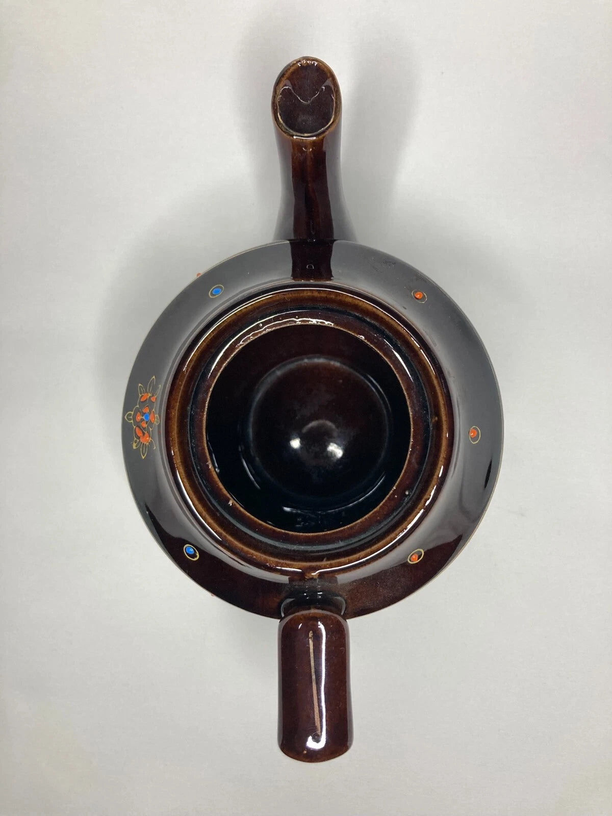 Vintage Brown Teapot Japan Moriage Enamel Dots Lattice Gold Trim 8"