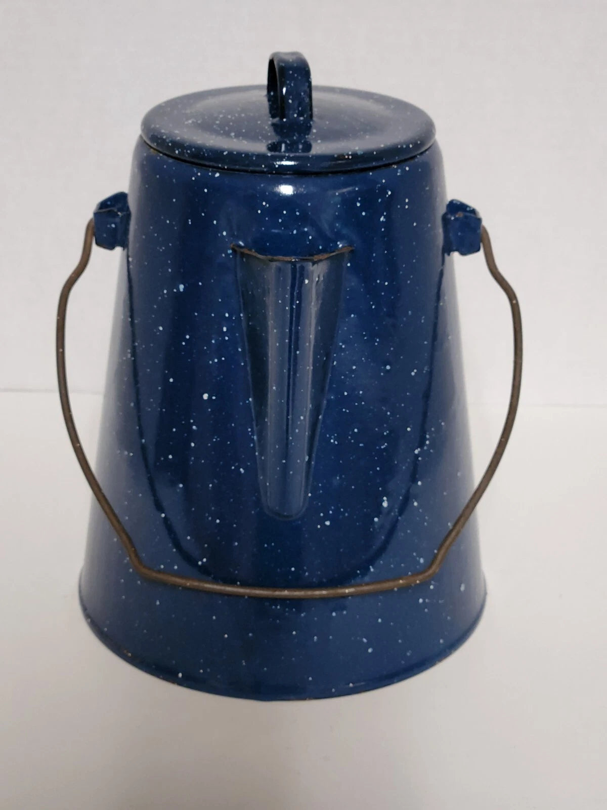 Vintage Blue Speckled Enamel Graniteware Cowboy Campfire Tea Pot with Spout Used