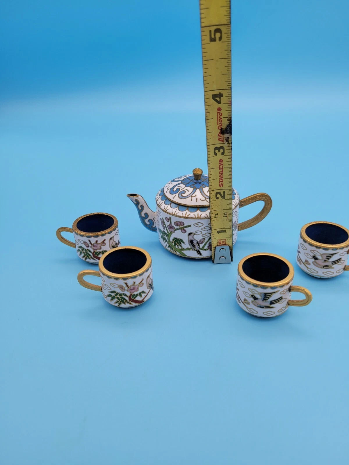 Vintage Chinese Brass Cloisonne/Enamel Miniature Teapot & Cups Flowers Bird Tree