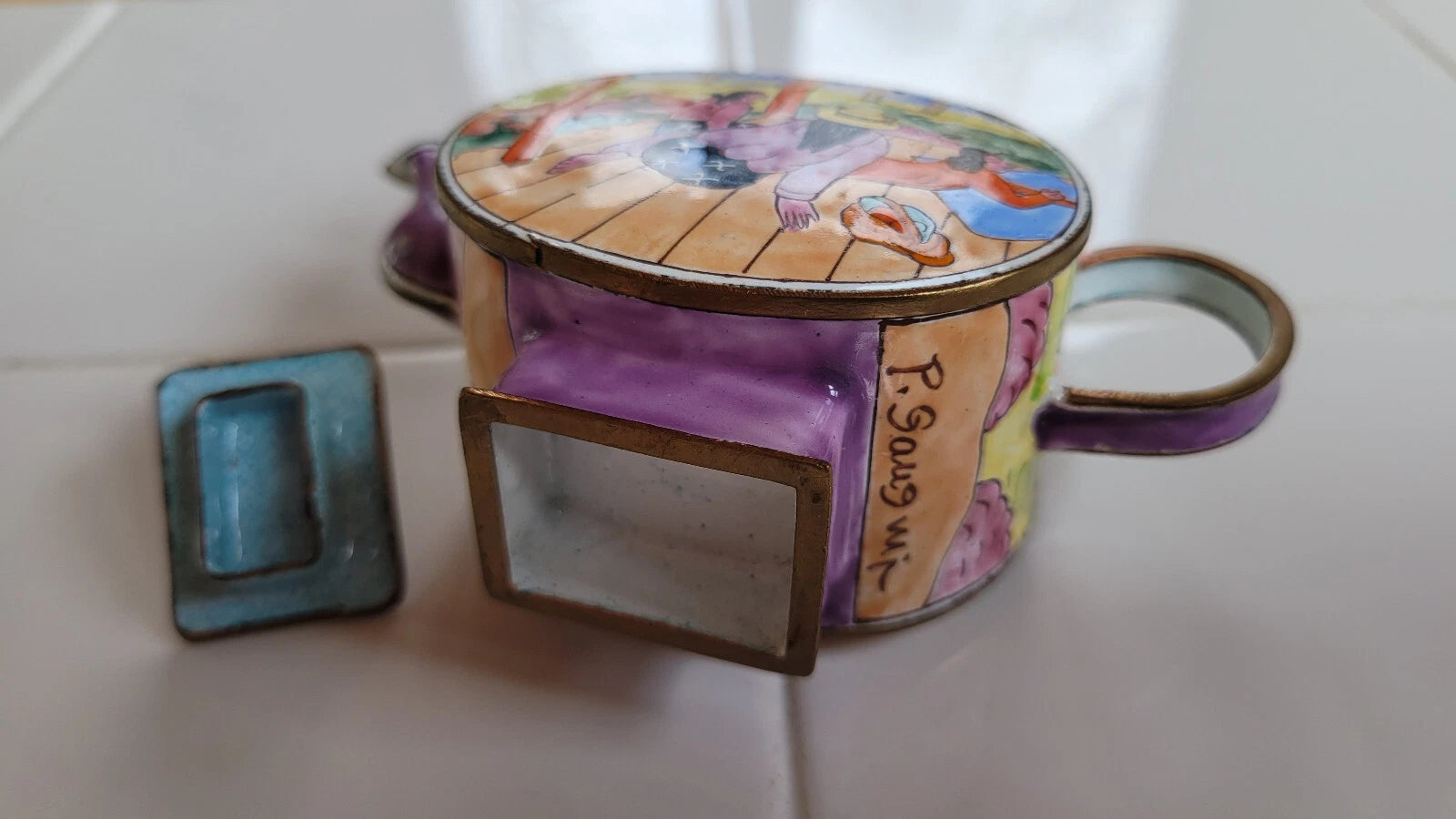 Miniature Brass & Enamel Decorative Tea Pot/Kettle, Women Relaxing Woman