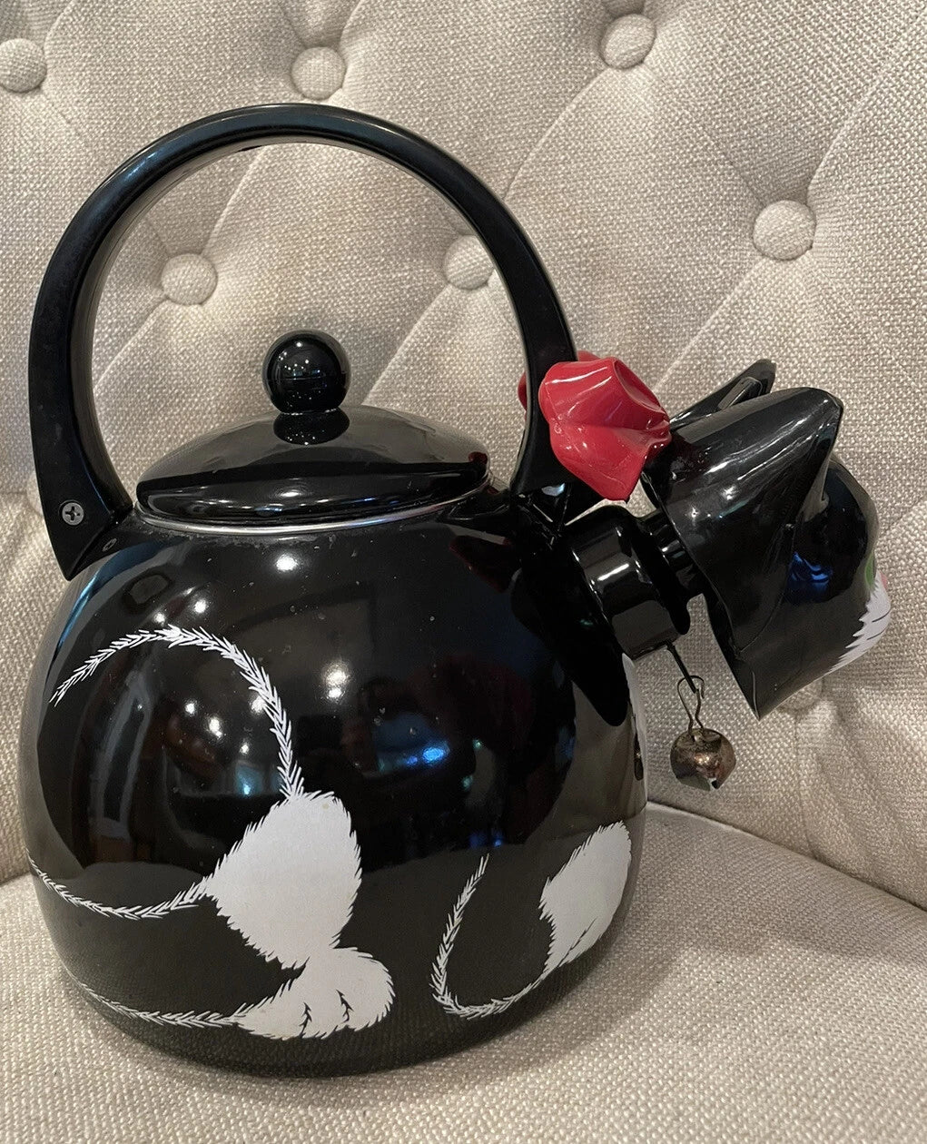 Black Cat Teapot ~ Whistling Kitty Tea Kettle ~ Baked Enamel ~ Ancona ~ Vintage