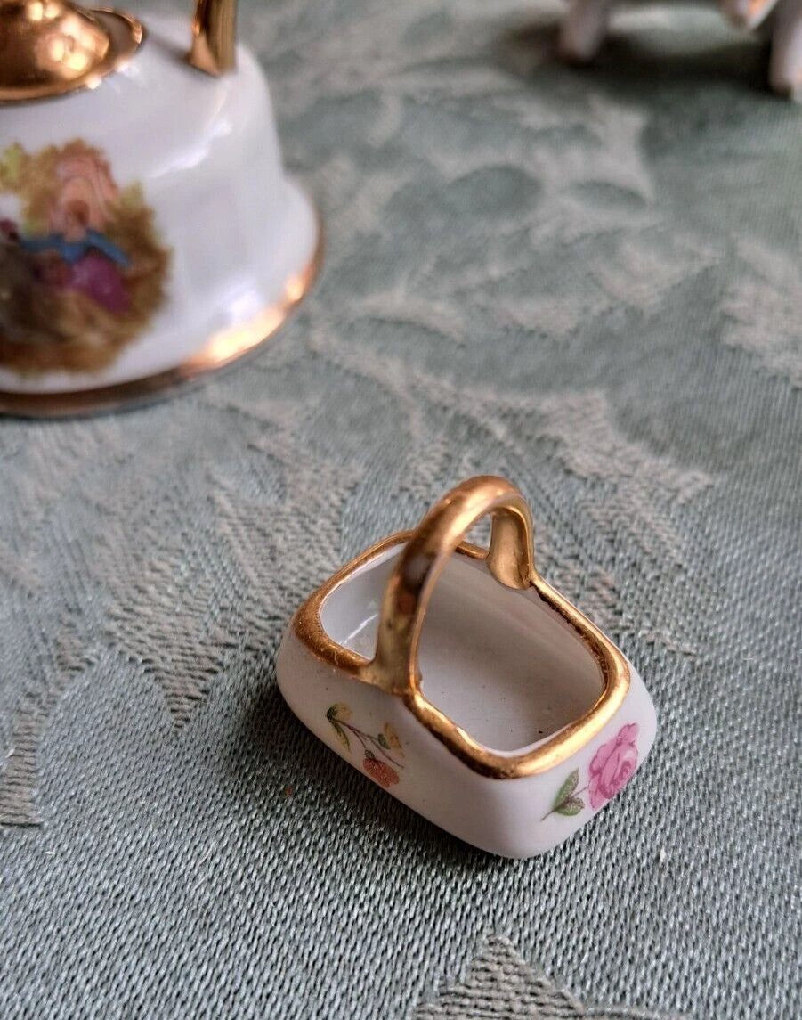 VTG Limoges France Lot Miniature Teapot Courting Couple Porcelain Piano, Basket