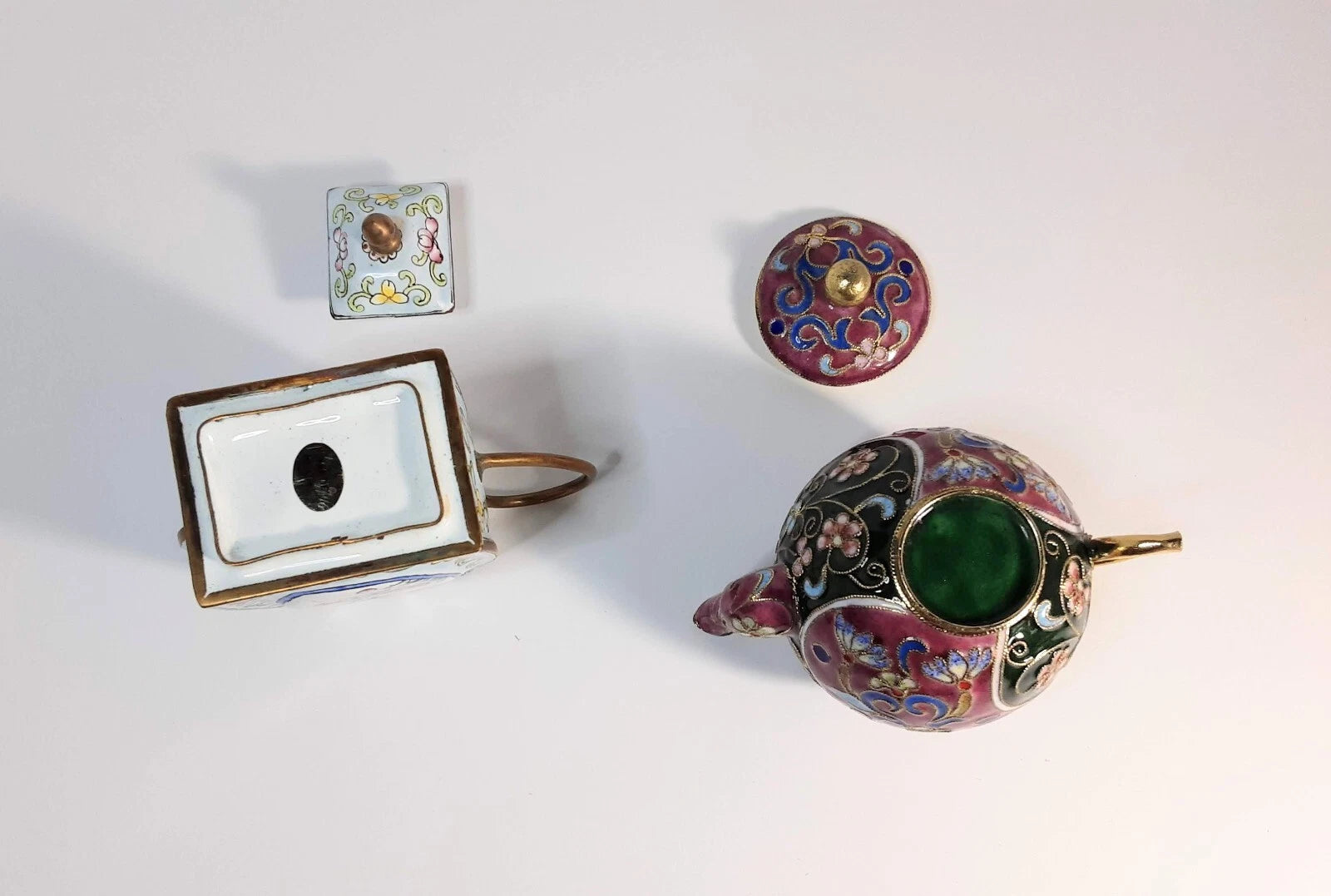 Brass and Enamel Miniature Teapots 2