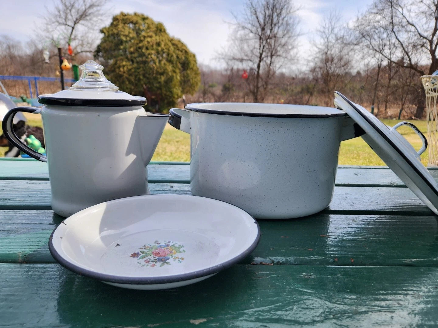 Vintage White Enamelware Kettle, Coffee Pot w/Glass Top w/lids & Flowery Bowl