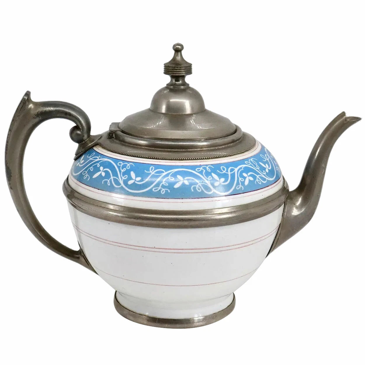 Antique American Manning, Bowman & Co. Pewter & Enamel Teapot c. 1880