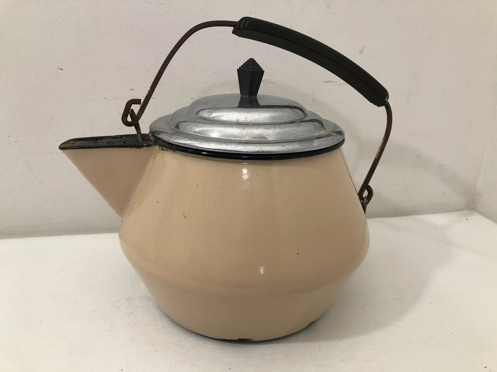 Kettle Tea Pot Vintage Enamel Farm Sloped Handle MCM for Decor Only Tan