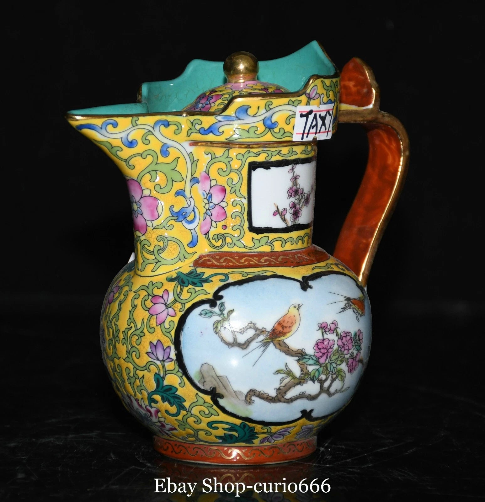 Qianlong Colour Enamel Porcelain Gold Plum Flower Bird Words Pattern Kettle Pot