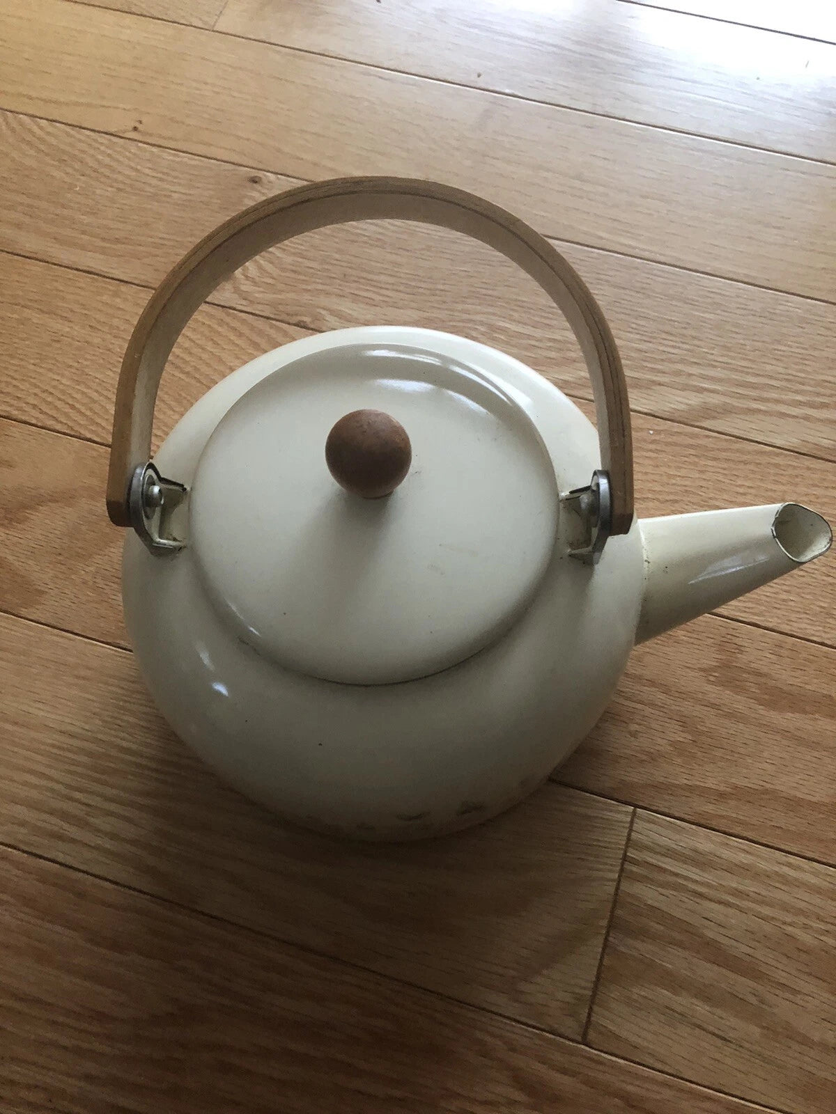 Vintage Cream w/Pastel Floral Metal Kettle Teapot Coated Stovetop Wood Handle