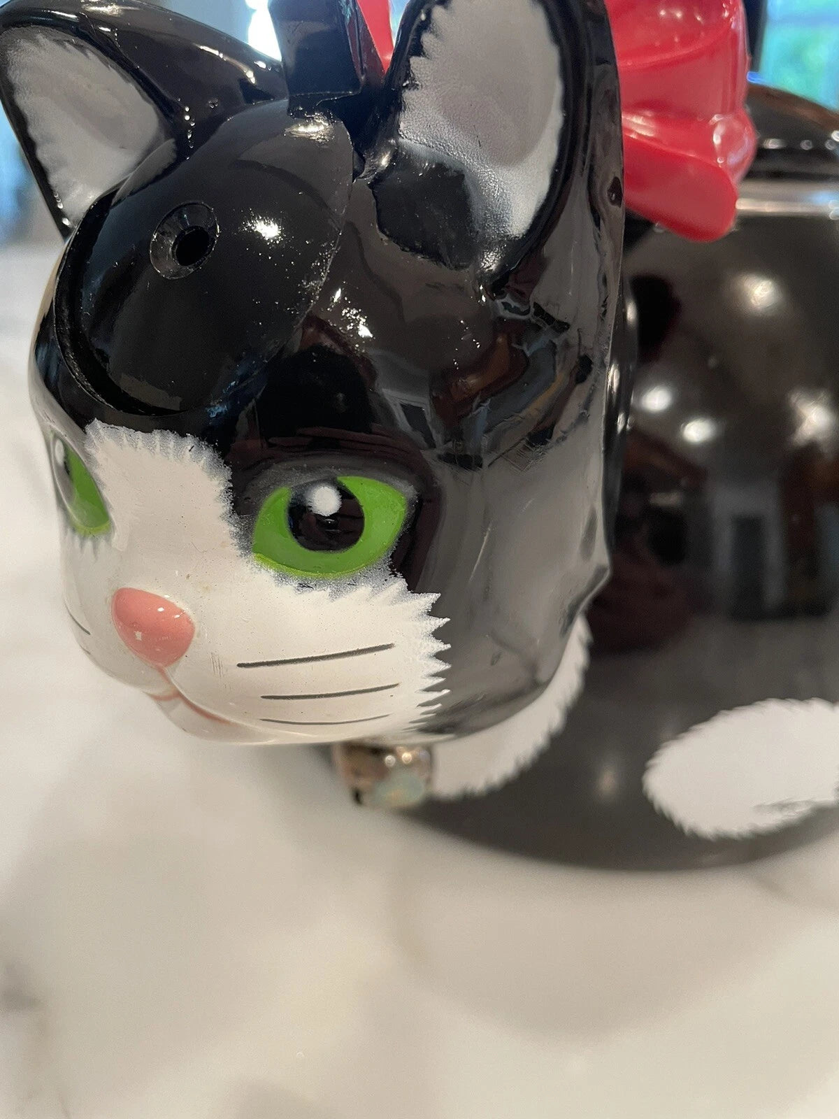 Black Cat Teapot ~ Whistling Kitty Tea Kettle ~ Baked Enamel ~ Ancona ~ Vintage