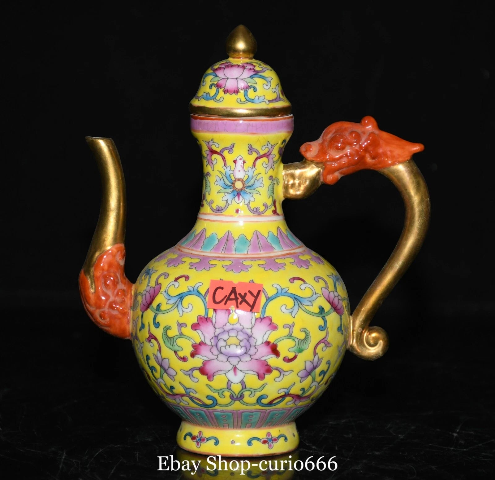 7'' Qianlong Colour Enamel Porcelain Gold Flower Dragon Loong Beast Kettle Pot