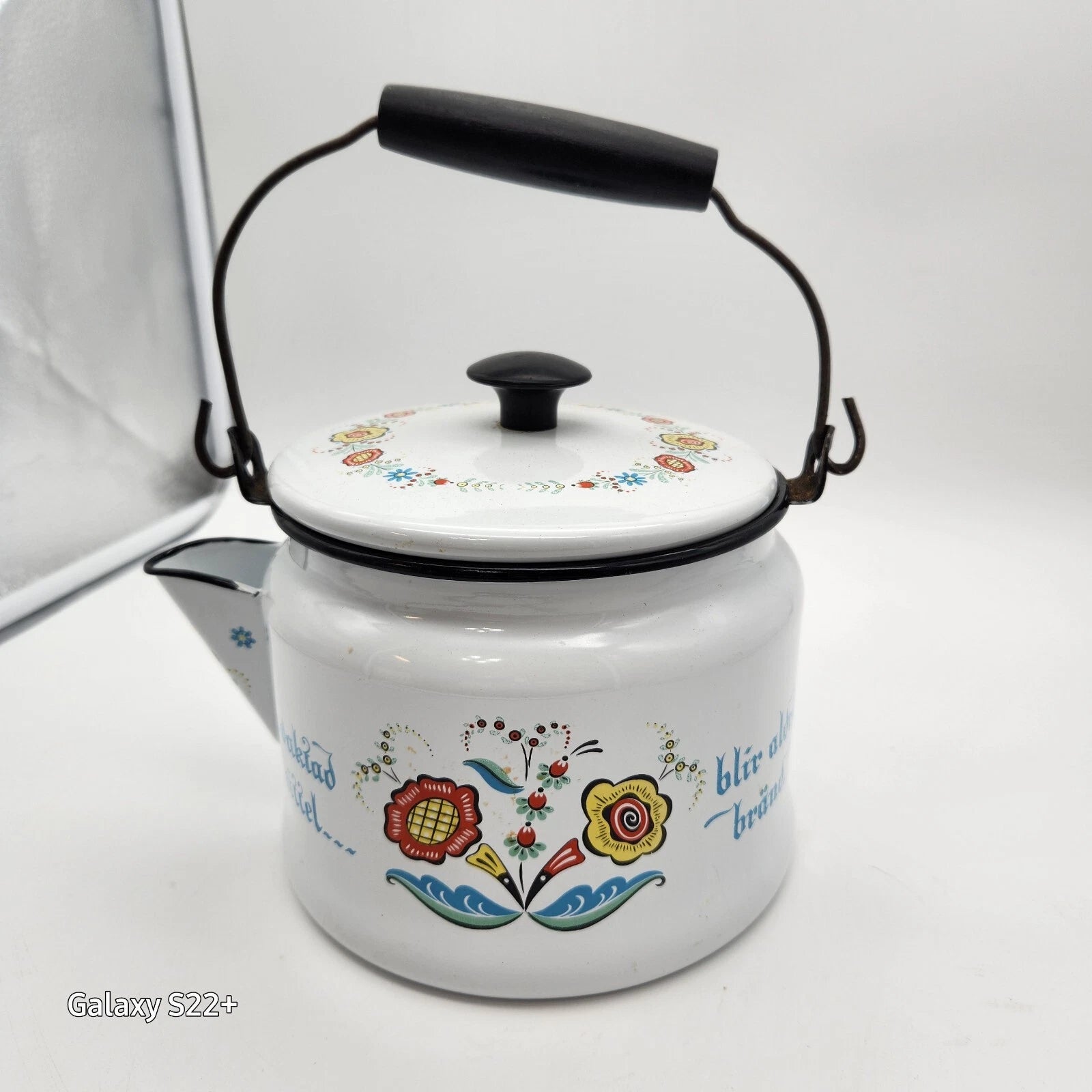 Swedish Scandinavian Tea pot Berggren Enamelware Rosemaling Folk Art Vintage