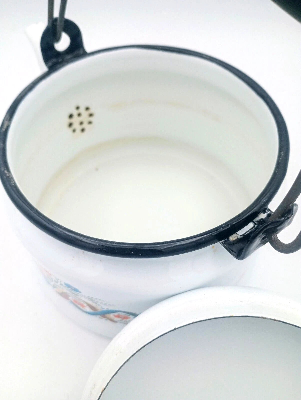 Vintage Berggren Swedish Folk Art  Enamelware Floral Handled Tea Pot Tea Kettle