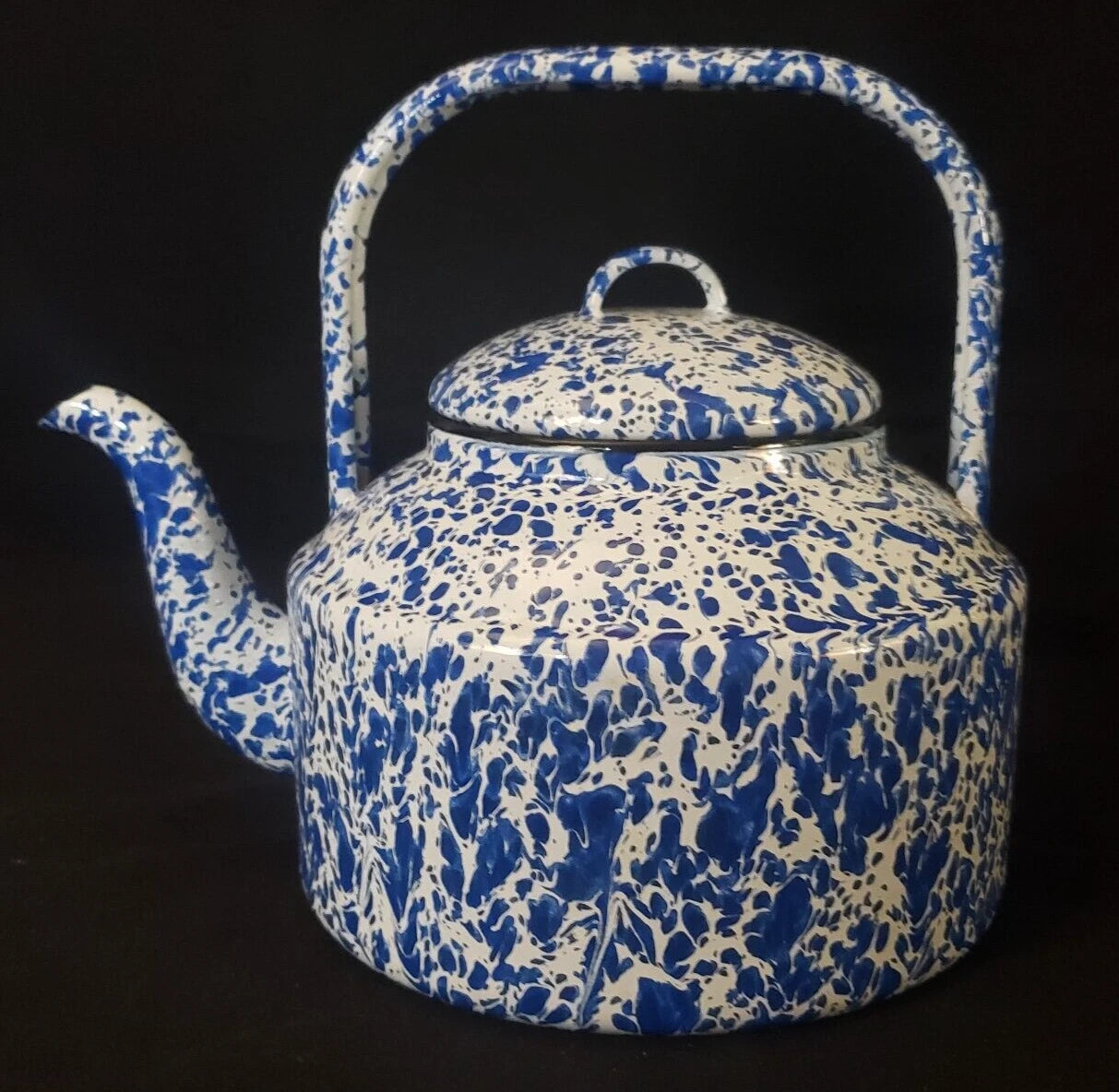 Vintage Enameled Ware Blue White Splatter Tea Kettle