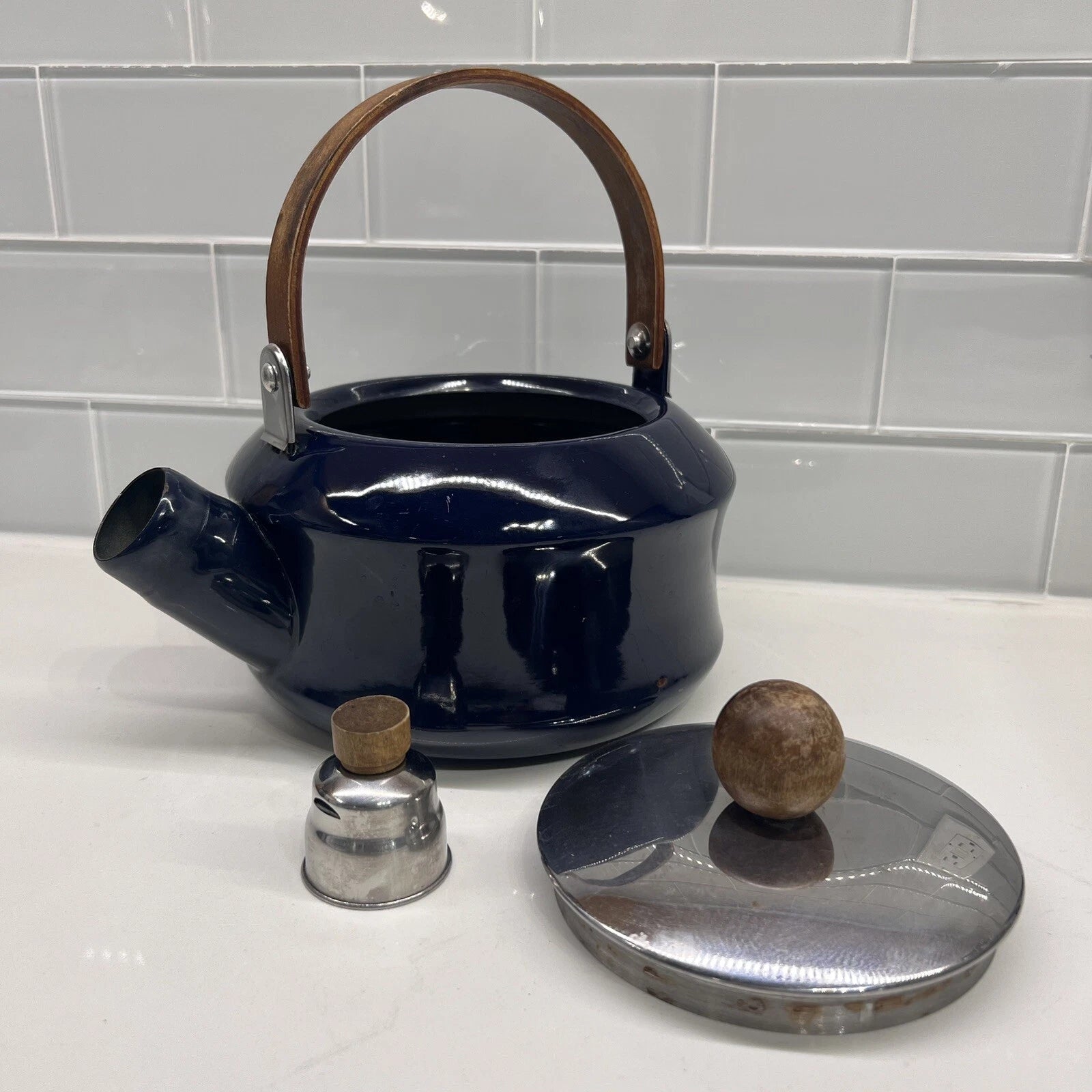 Vintage Towle Co. National Housewares 1987 Dark Blue Enamelware Teapot