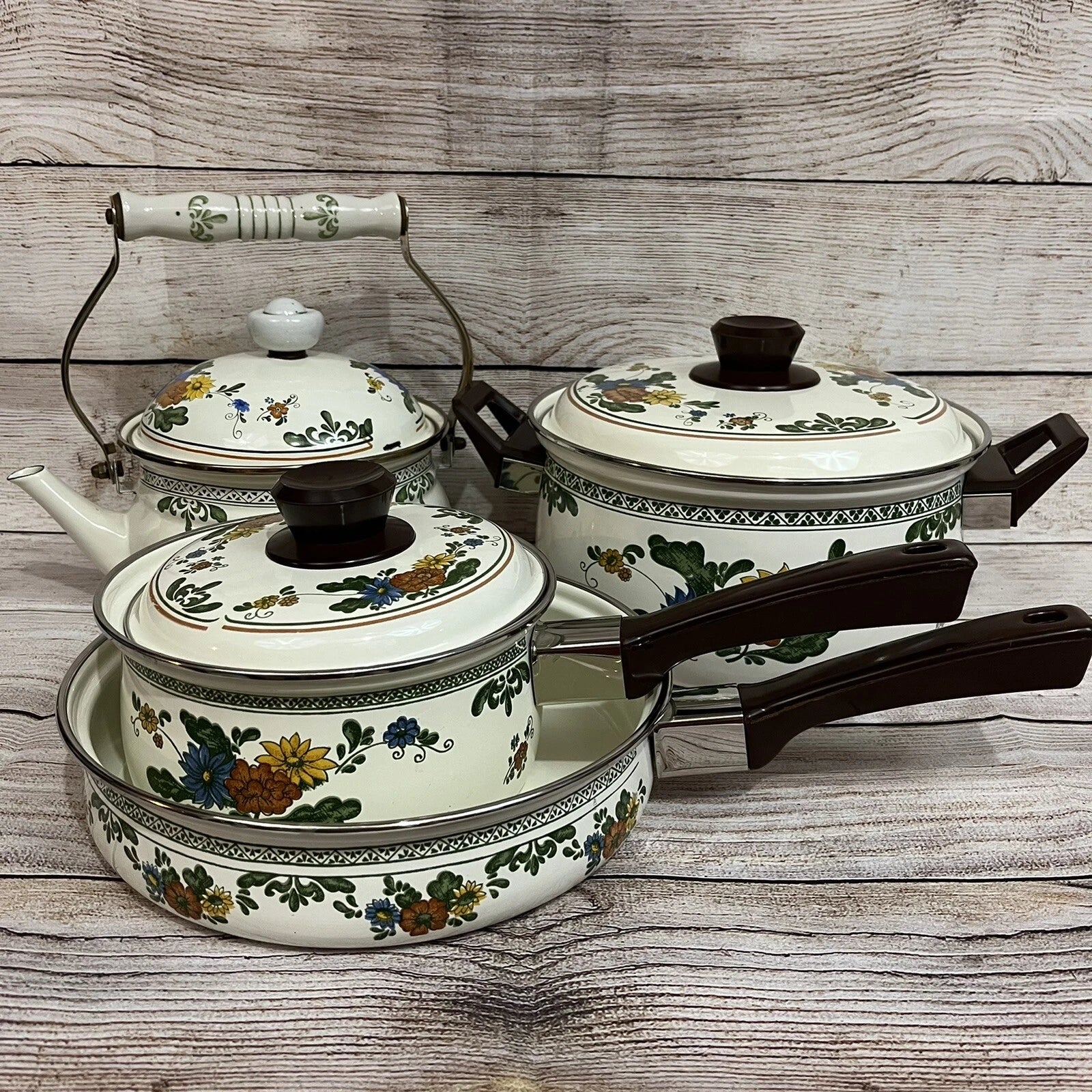 Vtg Enamelware Cookware Pans Tea Kettle 7-piece Set Mid Century European Design
