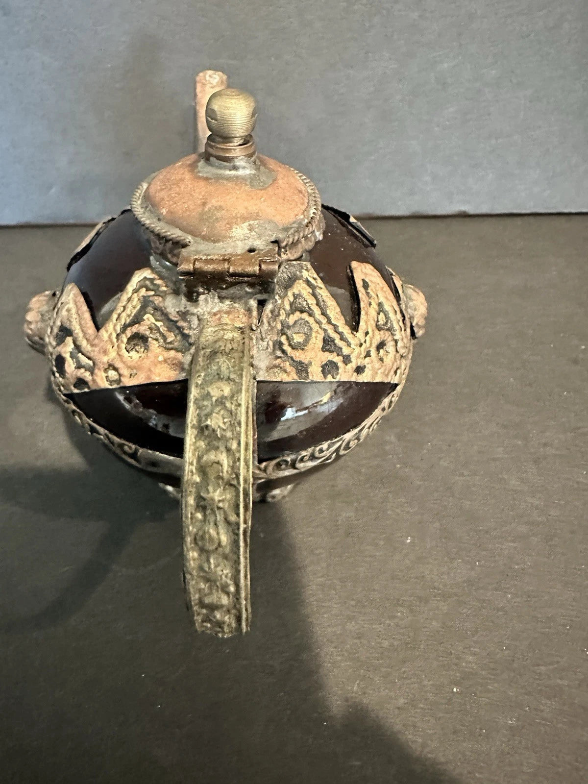 Moroccan Teapot Burnt Orange Ceramic Pottery Brass Accents Small Vintage