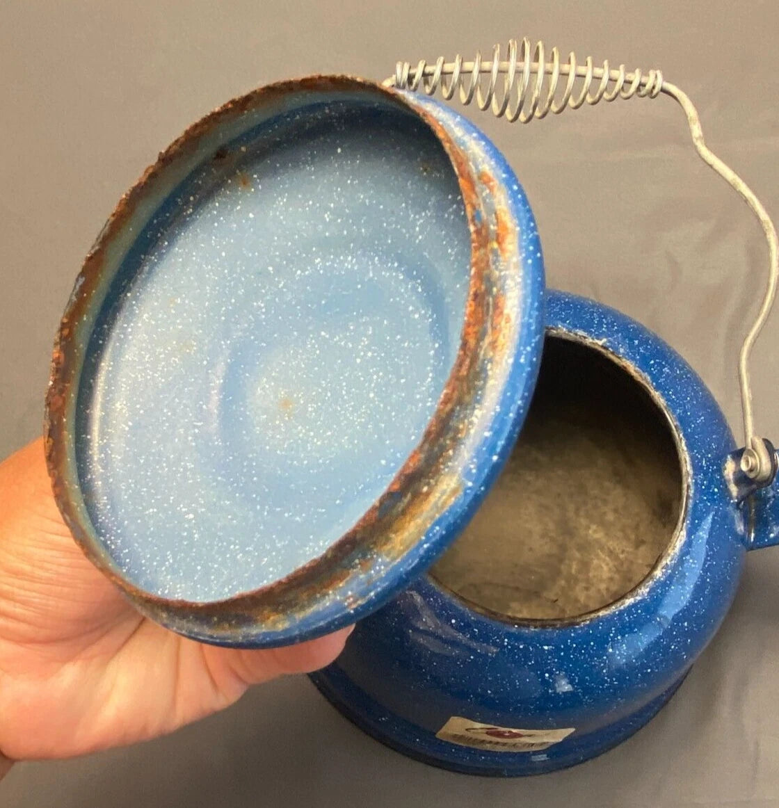 Vintage Cinsa Enamelware Blue Speckled Teapot Camping Country Kitchen Farm House