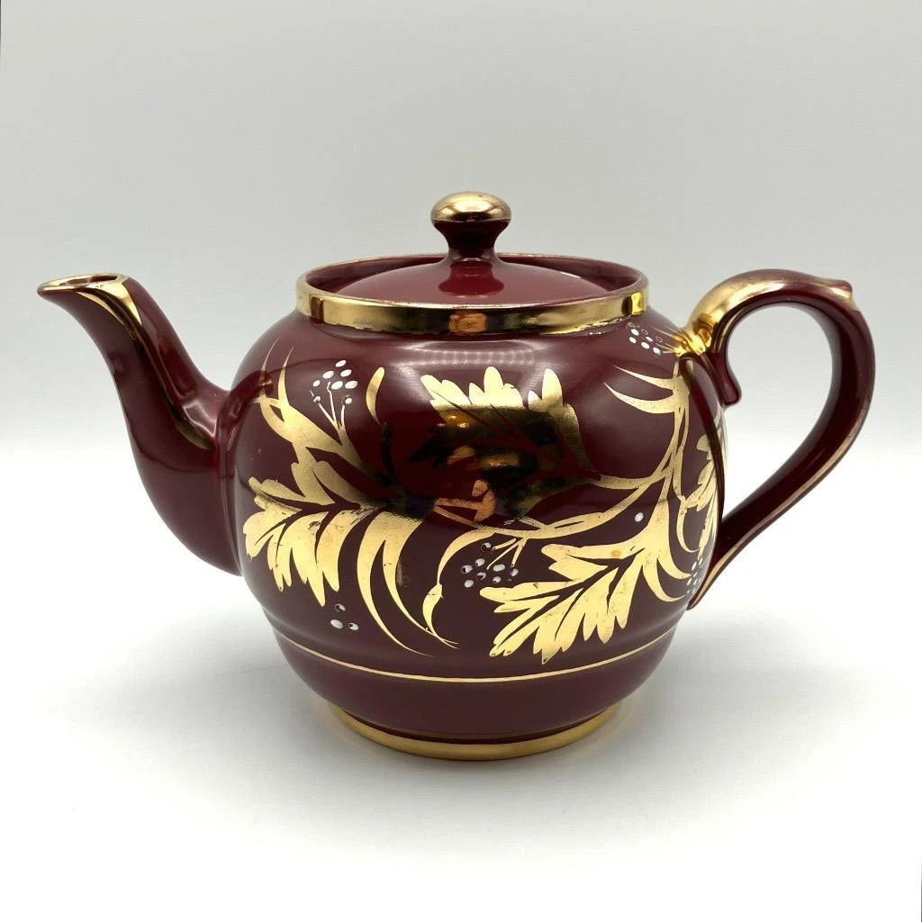 Vintage Gibson’s Burgundy Maroon Gilt & White Enamelled Teapot