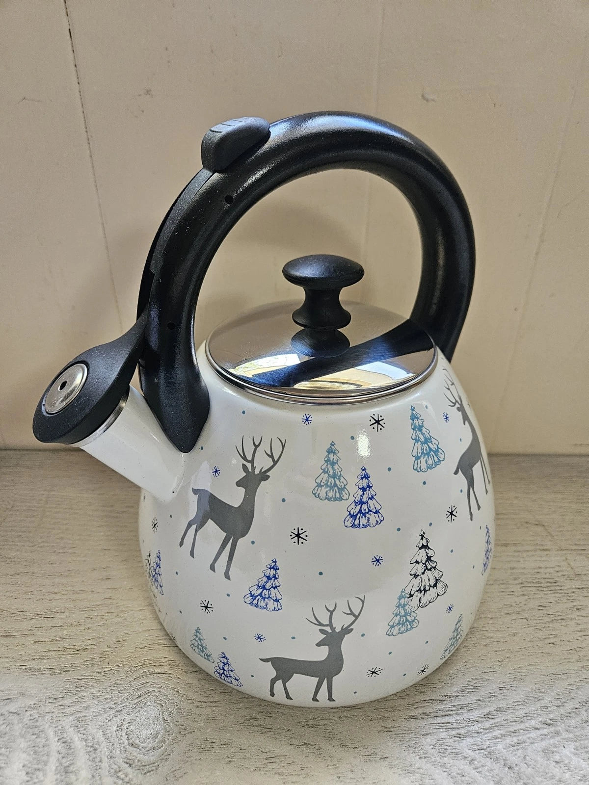 Temp-Tations 2.6 Qt Enamel on Steel Teapot Reindeer Snowy Winter Tea Kettle NEW