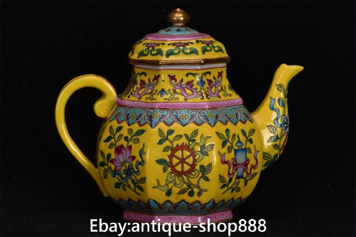 China Yellow Glaze Colour Enamel Porcelain Gilt 8 Auspicious Symbol Kettle Pot