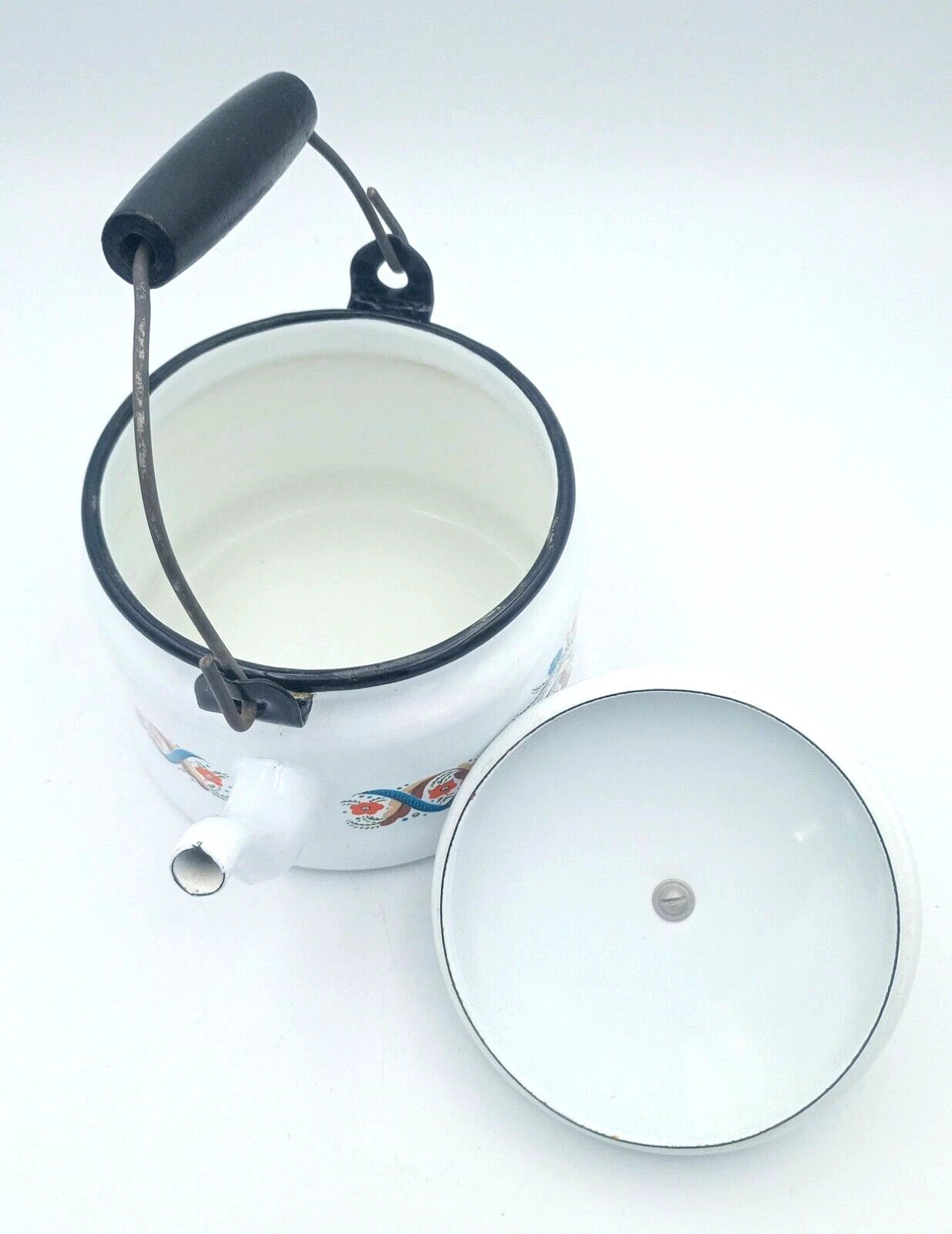 Vintage Berggren Swedish Folk Art  Enamelware Floral Handled Tea Pot Tea Kettle