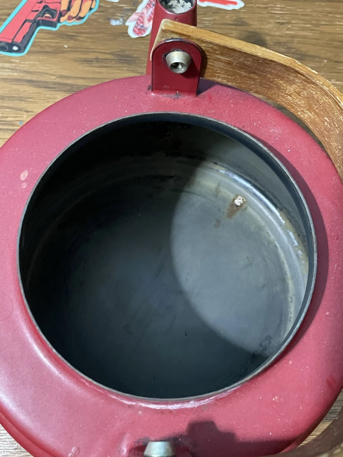 Vintage Retro Red Enameled steel Tea Kettle Pot Wood Handles & Knob 1QT