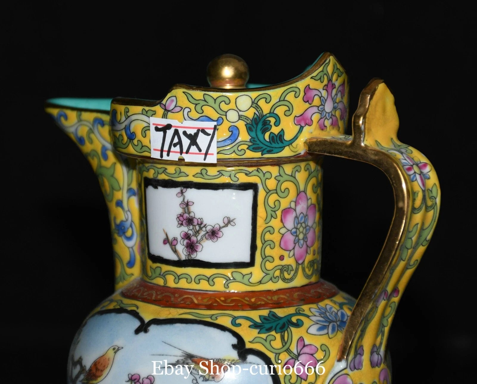 Qianlong Colour Enamel Porcelain Gold Plum Flower Bird Words Pattern Kettle Pot