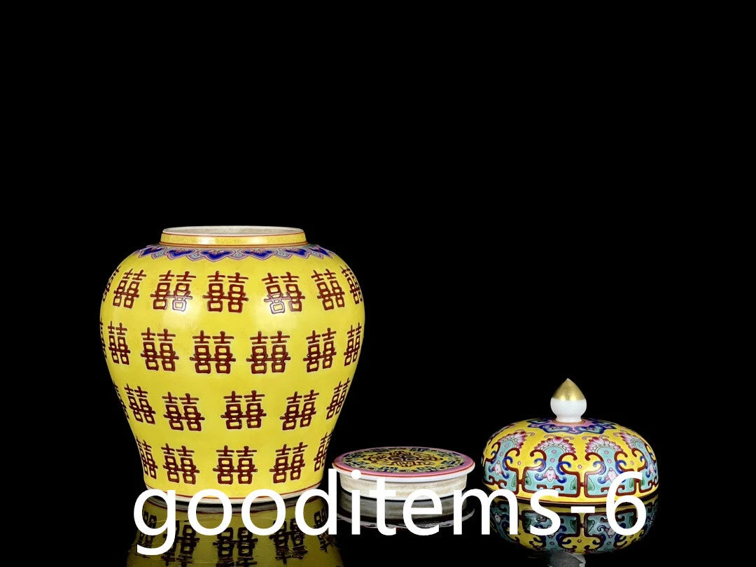 6.6"China Porcelain Qing Qianlong Enamel Color Double Happiness Pattern Tea Can