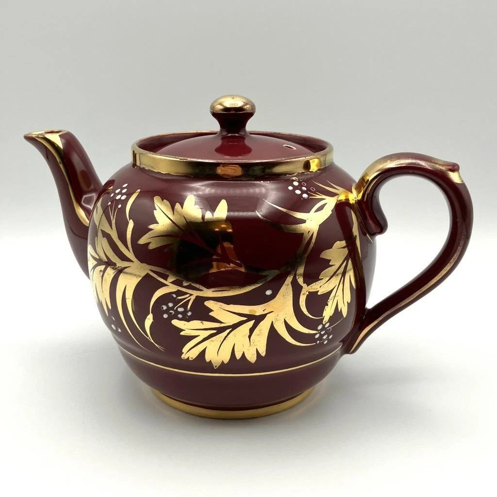 Vintage Gibson’s Burgundy Maroon Gilt & White Enamelled Teapot