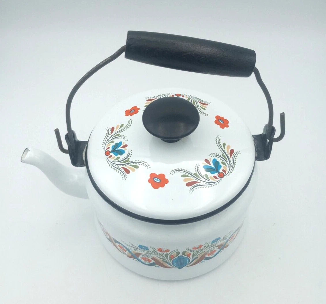 Vintage Berggren Swedish Folk Art  Enamelware Floral Handled Tea Pot Tea Kettle
