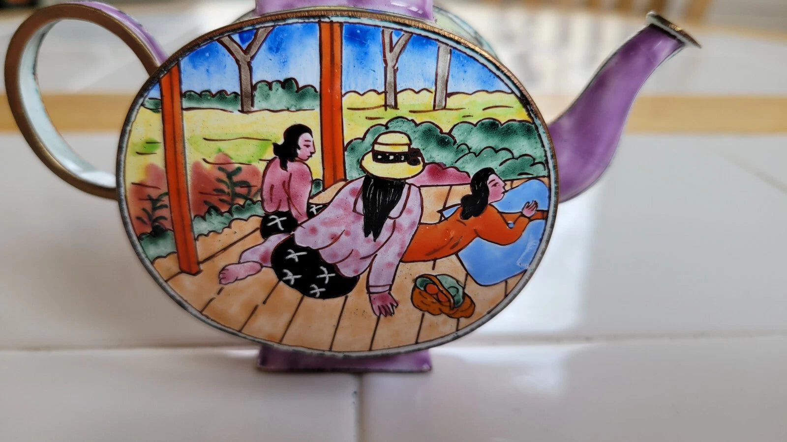 Miniature Brass & Enamel Decorative Tea Pot/Kettle, Women Relaxing Woman