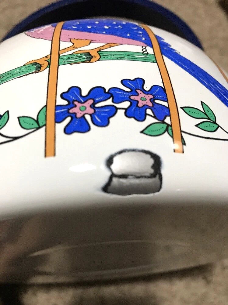 VINTAGE WHITE ENAMEL COFFEE POT Robin/ Blue Bird In A Cage