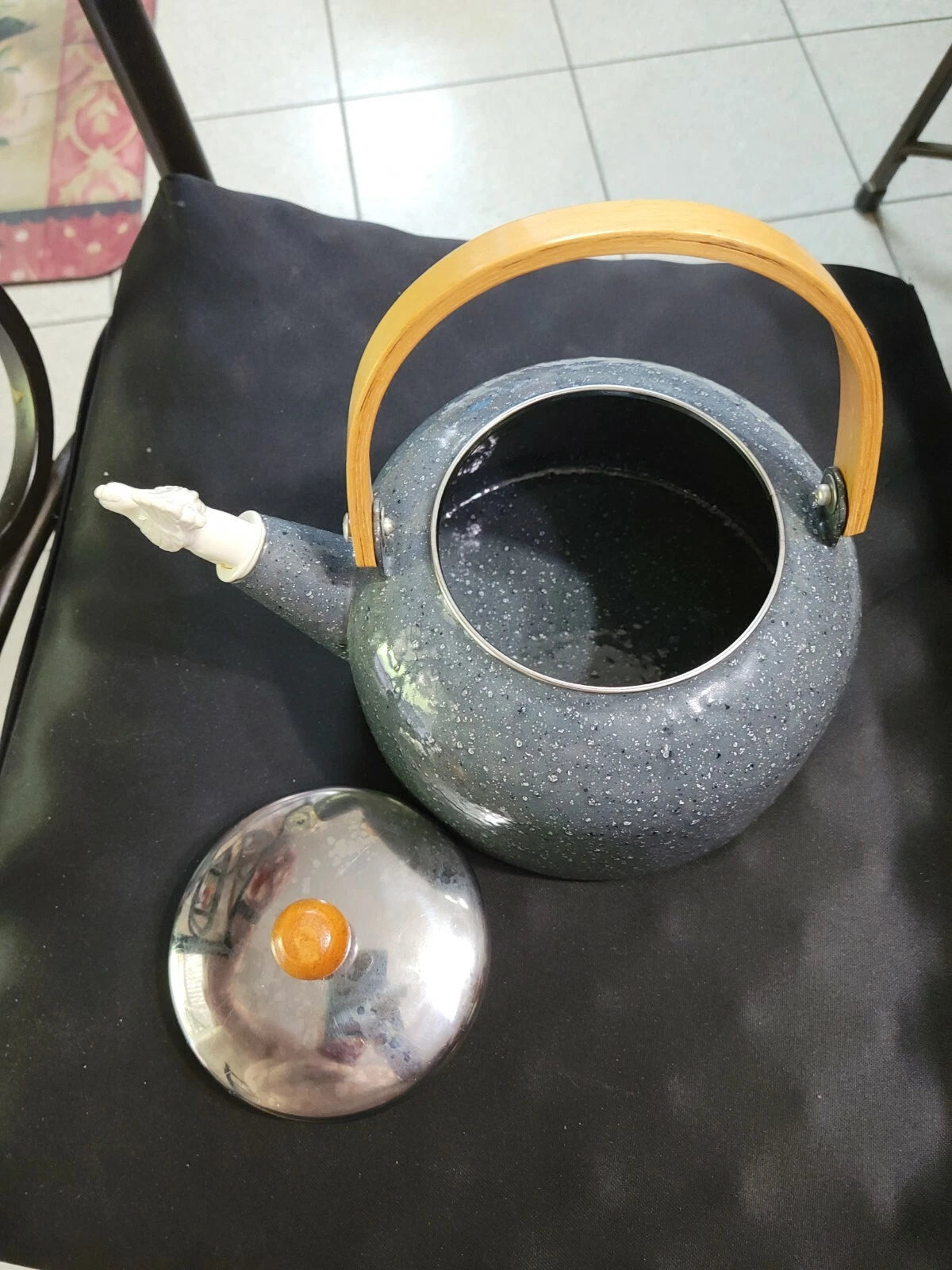 Gray Enamel Metal Teapot Tea Kettle Wood Handle Rooster Whistler