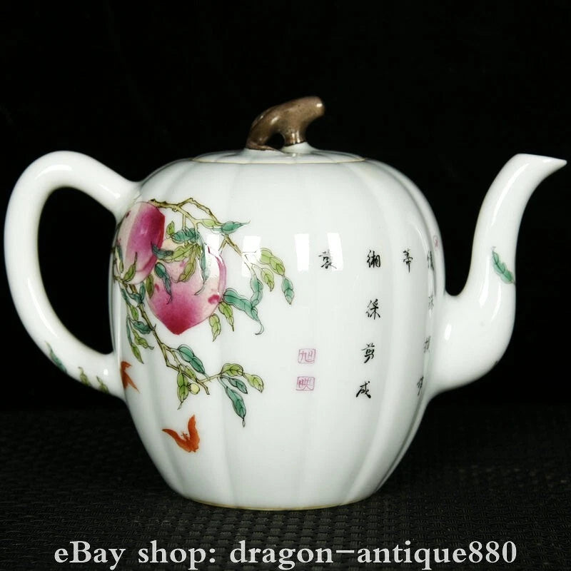 6.2" Qianlong Marked Enamel Colour Porcelain Fo Shou Peach Wine Tea Pot Flagon