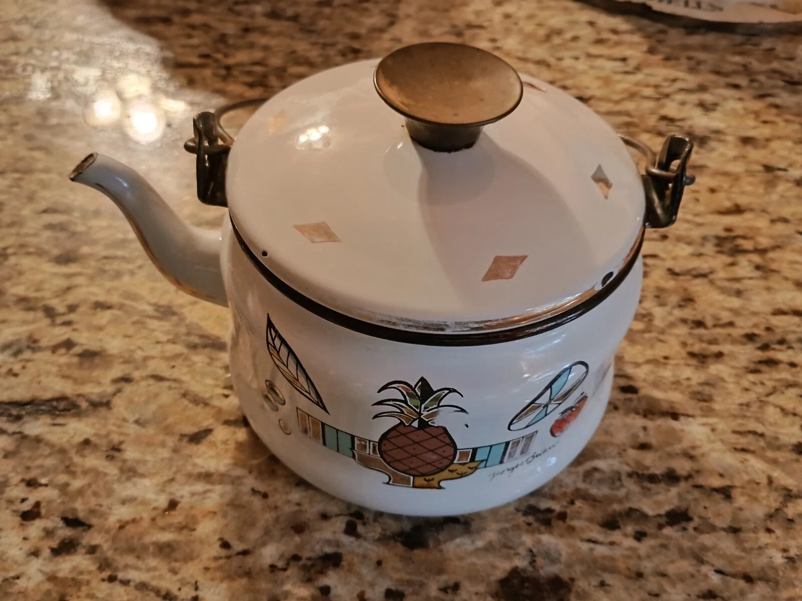 Georges Briard Vtg Coffee Tea Pot Enamel Mid Century Pineapple Apple Leaf