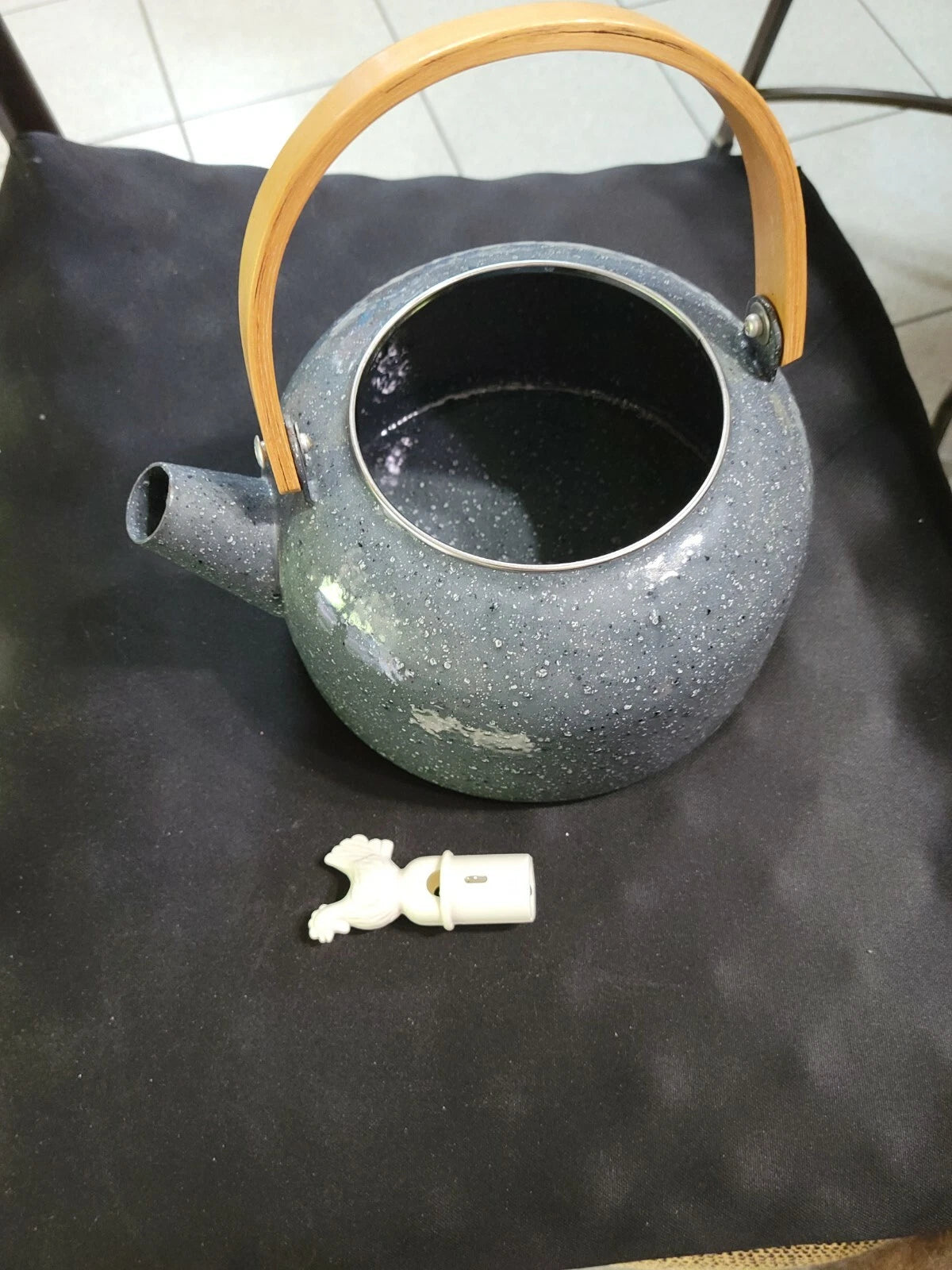 Gray Enamel Metal Teapot Tea Kettle Wood Handle Rooster Whistler