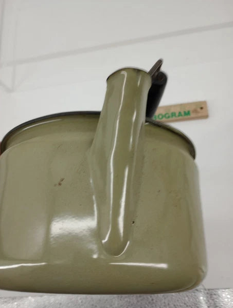 Vtg Avocado Green Enamelware Teapot Wire Bale Wood Handle  Farmhouse Primitive