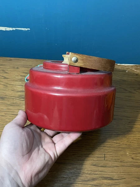 Vintage Retro Red Enameled steel Tea Kettle Pot Wood Handles & Knob 1QT