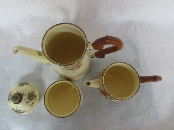 MacKenzie Childs Stacked Camp Yellow Roses Enamel Teapot Cream & Sugar 1995