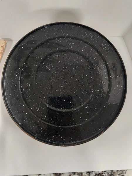 Vintage Enamelware Coffee Tea Pot, Camping Kettle Black Speckled 8” Tall No Lid