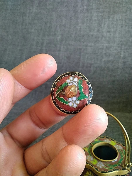 VTG CHINESE CLOISONNE BRASS AND ENAMEL BROWN  MINIATURE TEAPOT