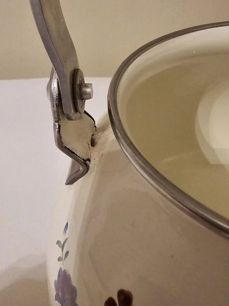 Vintage Floral Enamelware Tea Pot Kettle Metal - Wood Handle Cottagecore