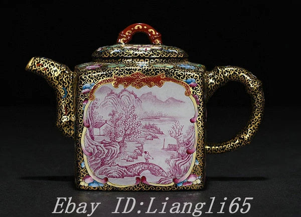 5.5" Old Qing Dynasty Enamel Colour Porcelain Gilt landscape Wine Tea Pot Flagon-