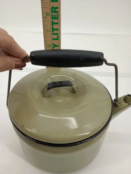 Vtg Avocado Green Enamelware Teapot Wire Bale Wood Handle  Farmhouse Primitive