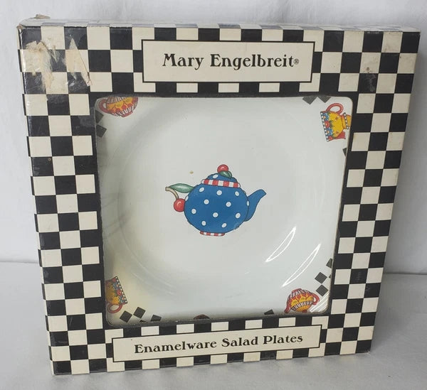 Vtg Mary Engelbreit Enamel Teapot Plate Set 4 Salad Dessert Plates Box New