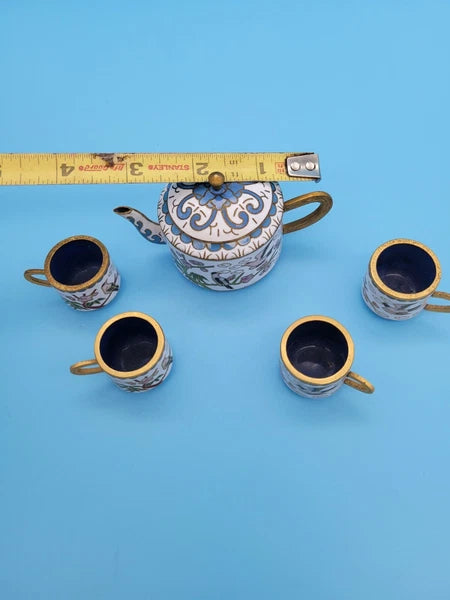 Vintage Chinese Brass Cloisonne/Enamel Miniature Teapot & Cups Flowers Bird Tree