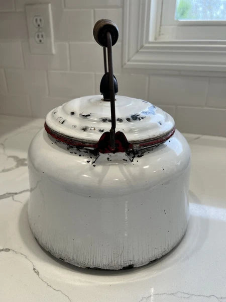 VTG Enamelware Tea Kettle Very Rustic W/Vintage Charm Whitewash/ Red Trim