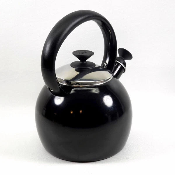 Copco Whistling Teapot Tea Kettle Pot Onyx Black Enamel With Handle and Lid EUC