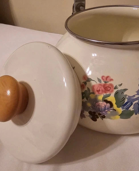 Vintage Floral Enamelware Tea Pot Kettle Metal - Wood Handle Cottagecore